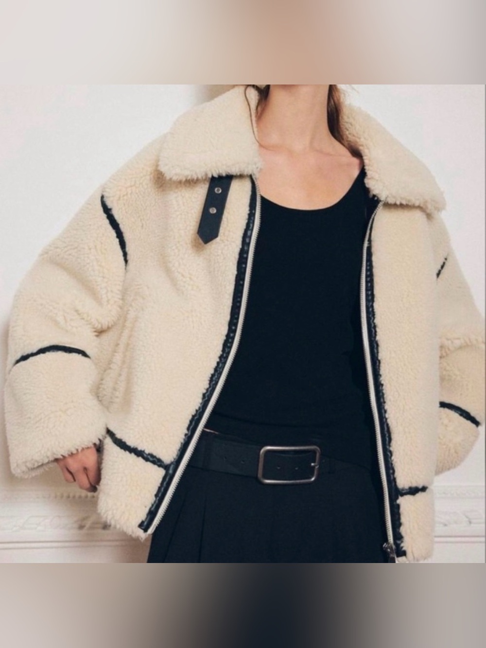 Zara Cream Teddy Aviator Jacket with Black Trim